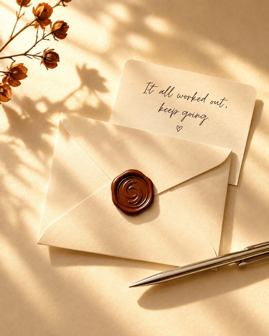 A handwritten note reading: it all worked out, keep going